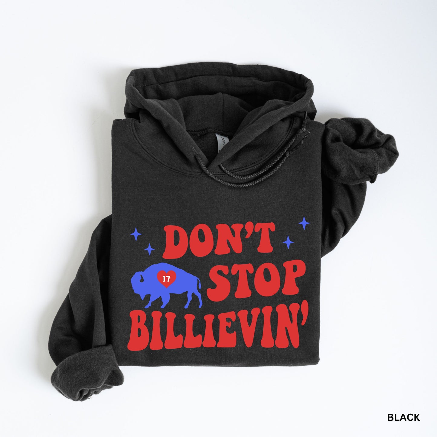 a black hoodie with the words don't stop billevin on it