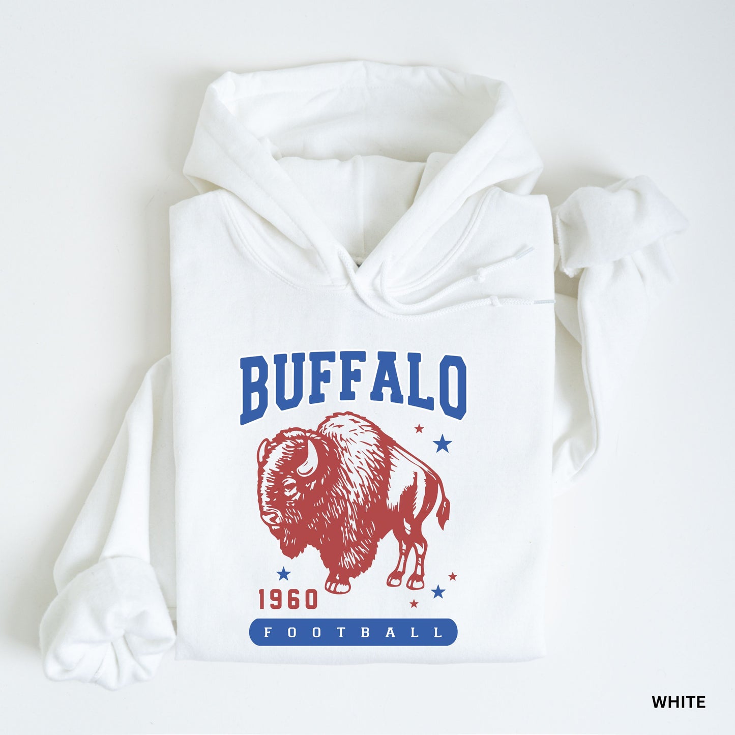 a white hoodie with a buffalo logo on it