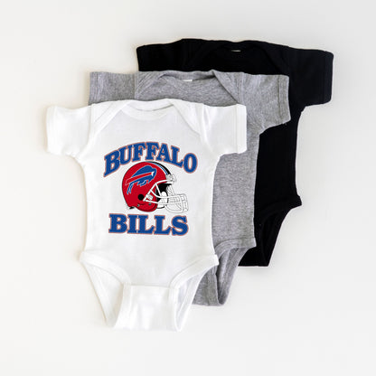 three baby bodysuits with buffalo bills on them