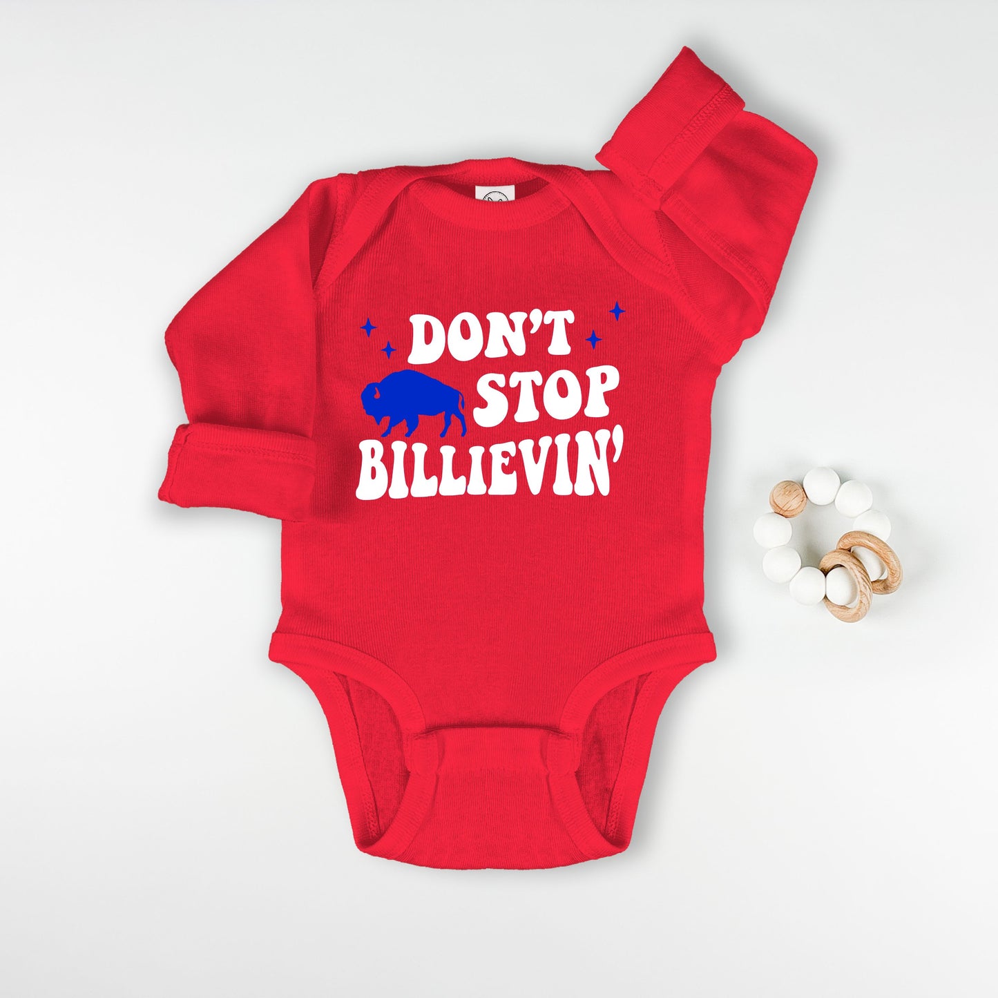 Don't Stop Billeving - Long Sleeve Baby Onesie in Red