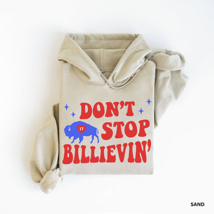 a hooded sweatshirt with the words don't stop billevin printed on it