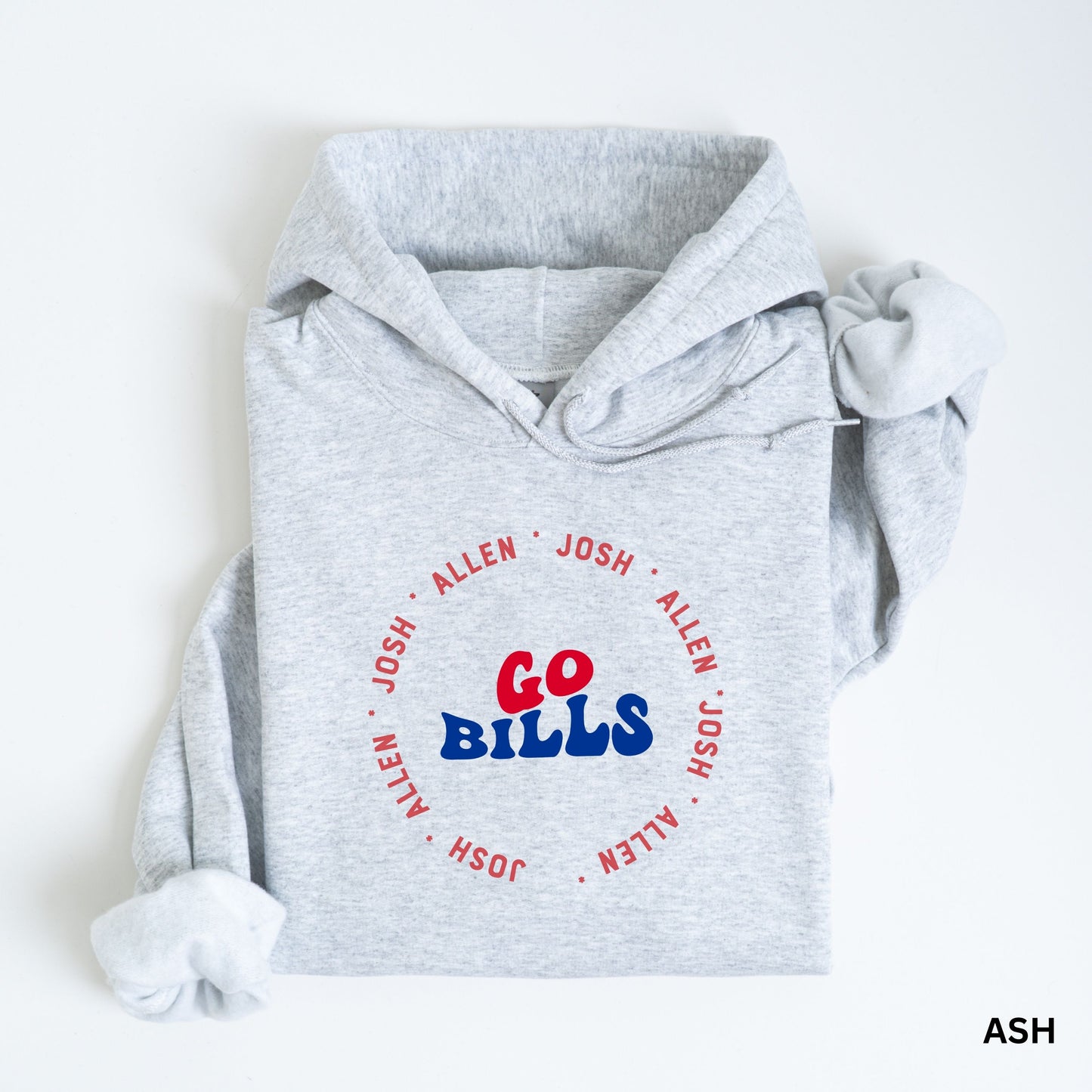 a grey sweatshirt with a red, white, and blue logo