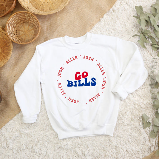 a white sweatshirt with the words go bills printed on it