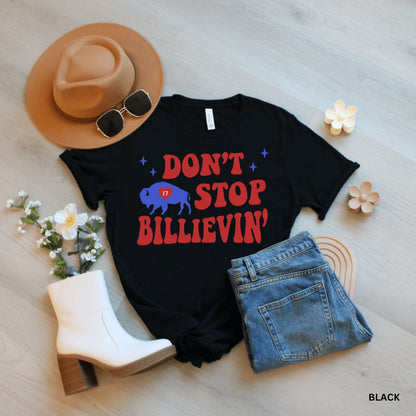 a t - shirt that says, don't stop bullievin on it