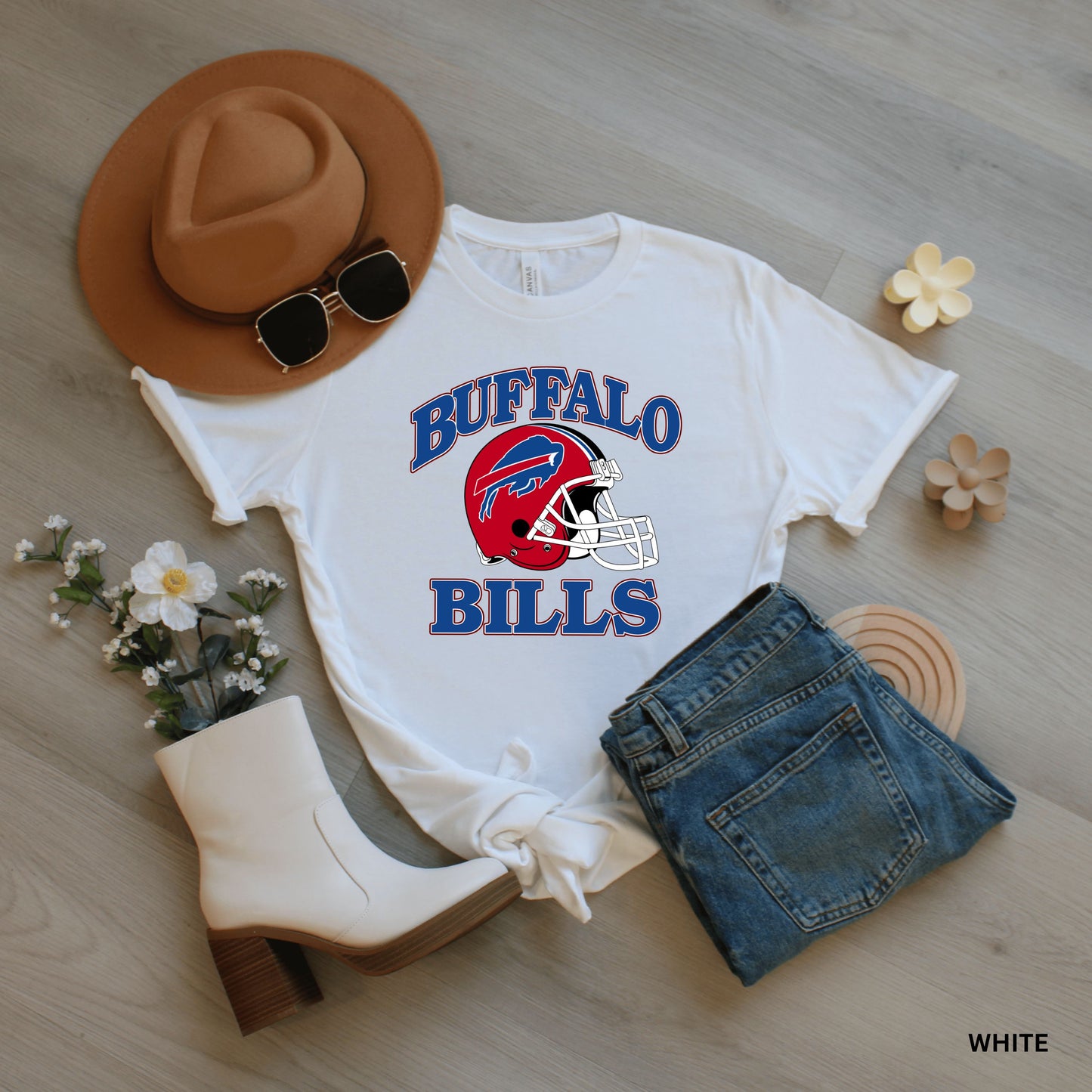 a buffalo bills t - shirt with a football helmet and sunglasses