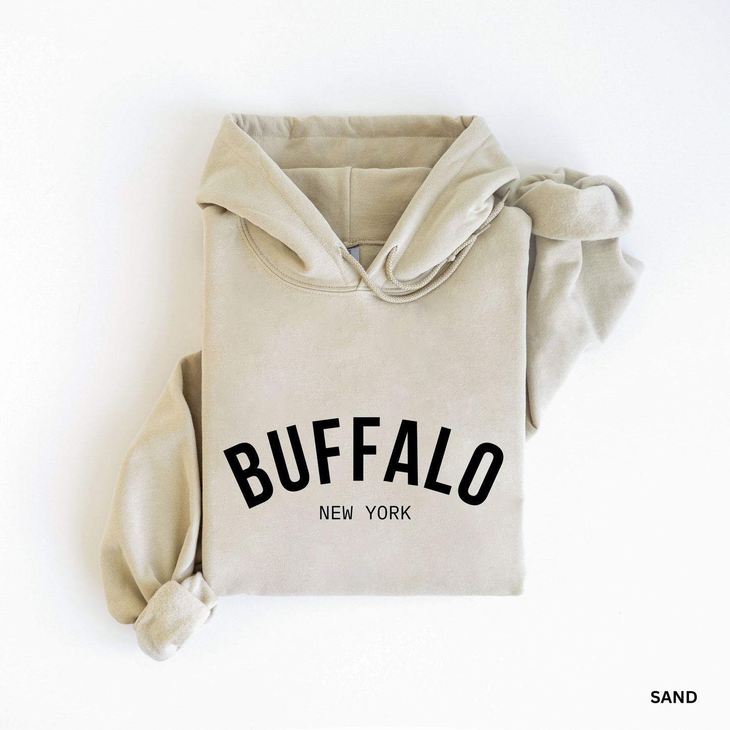 a white sweatshirt with the word buffalo printed on it