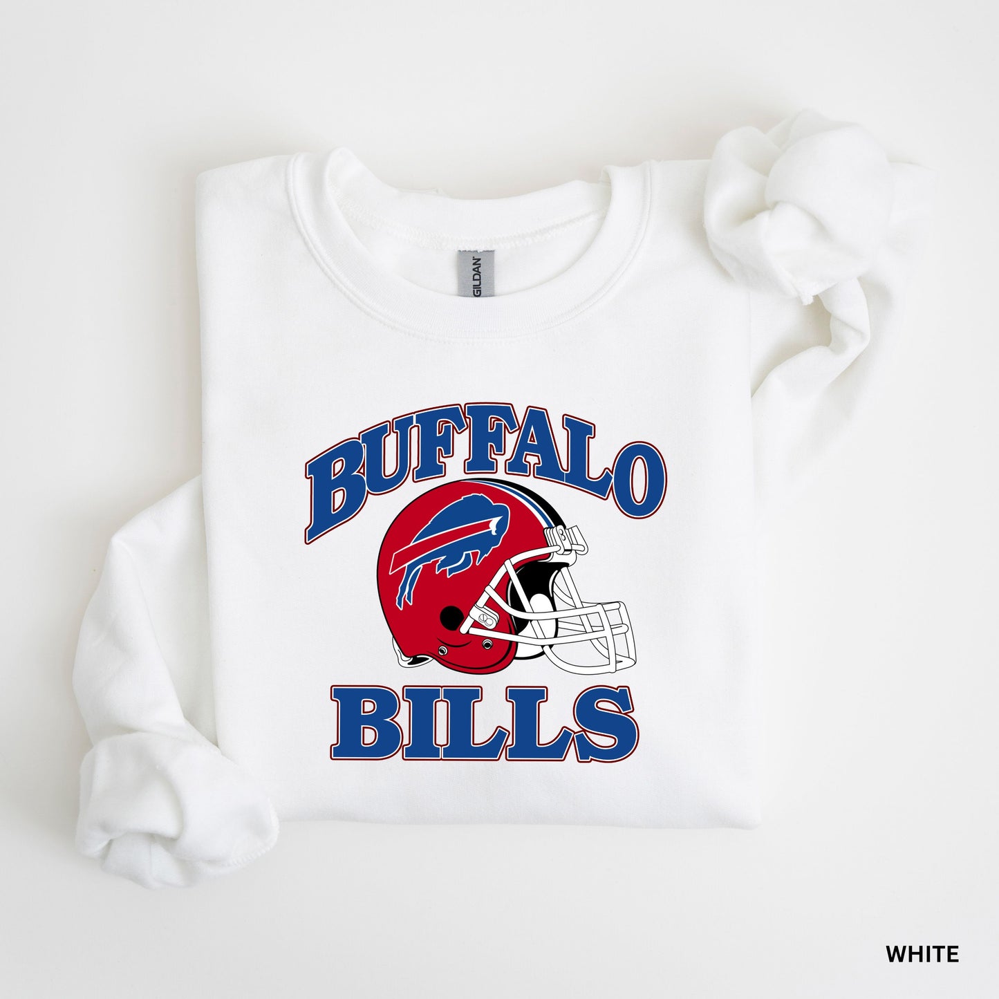 a white buffalo bills t - shirt with a football helmet on it